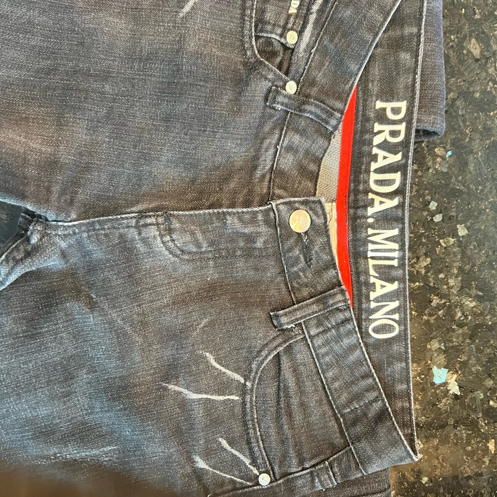 PRADA black stretch denim, straight legged jeans, never worn, size 27